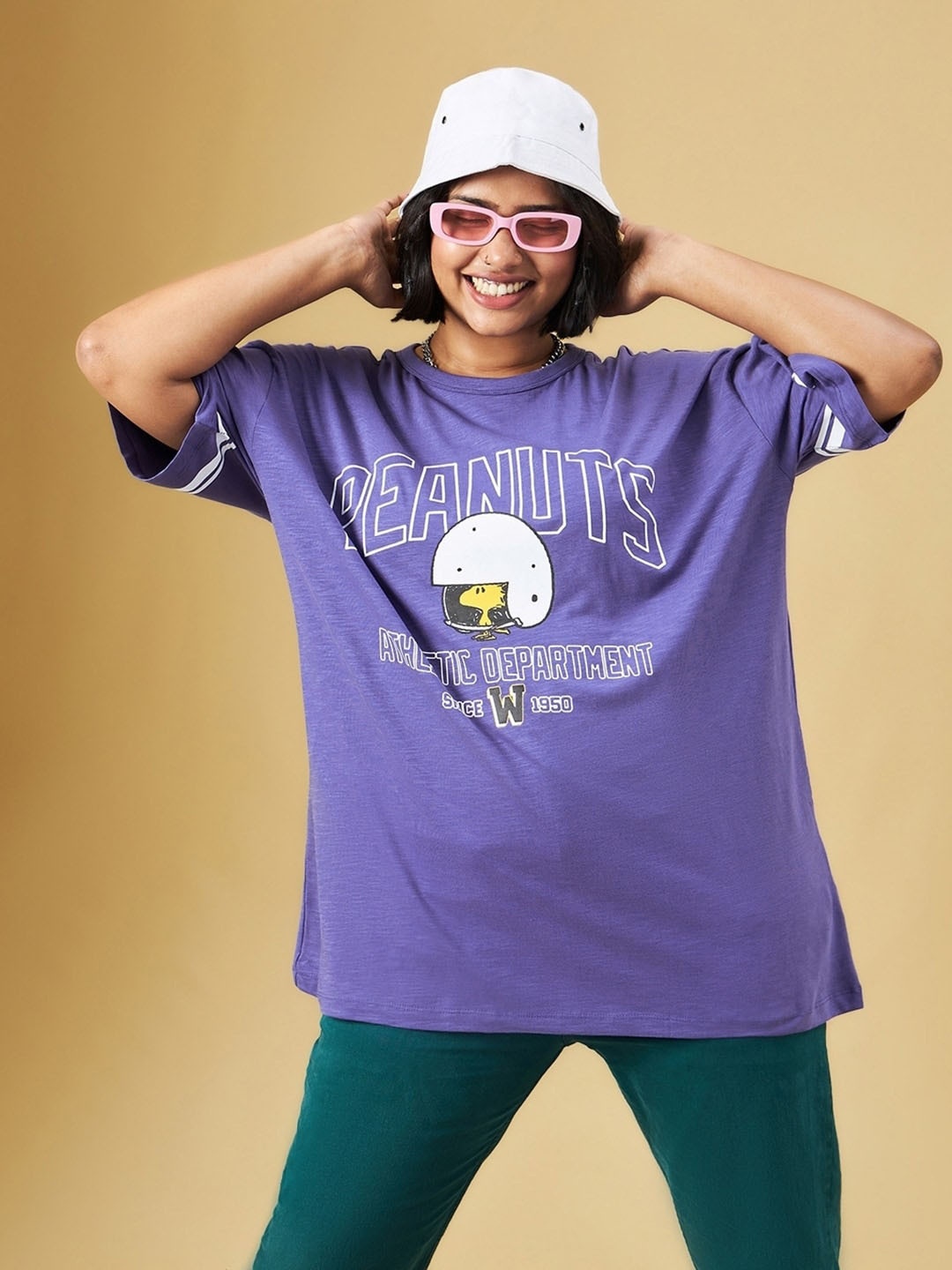 

Bewakoof Air 1.0 Women Athletic Graphic Printed Oversized Plus Size T-shirt, Blue