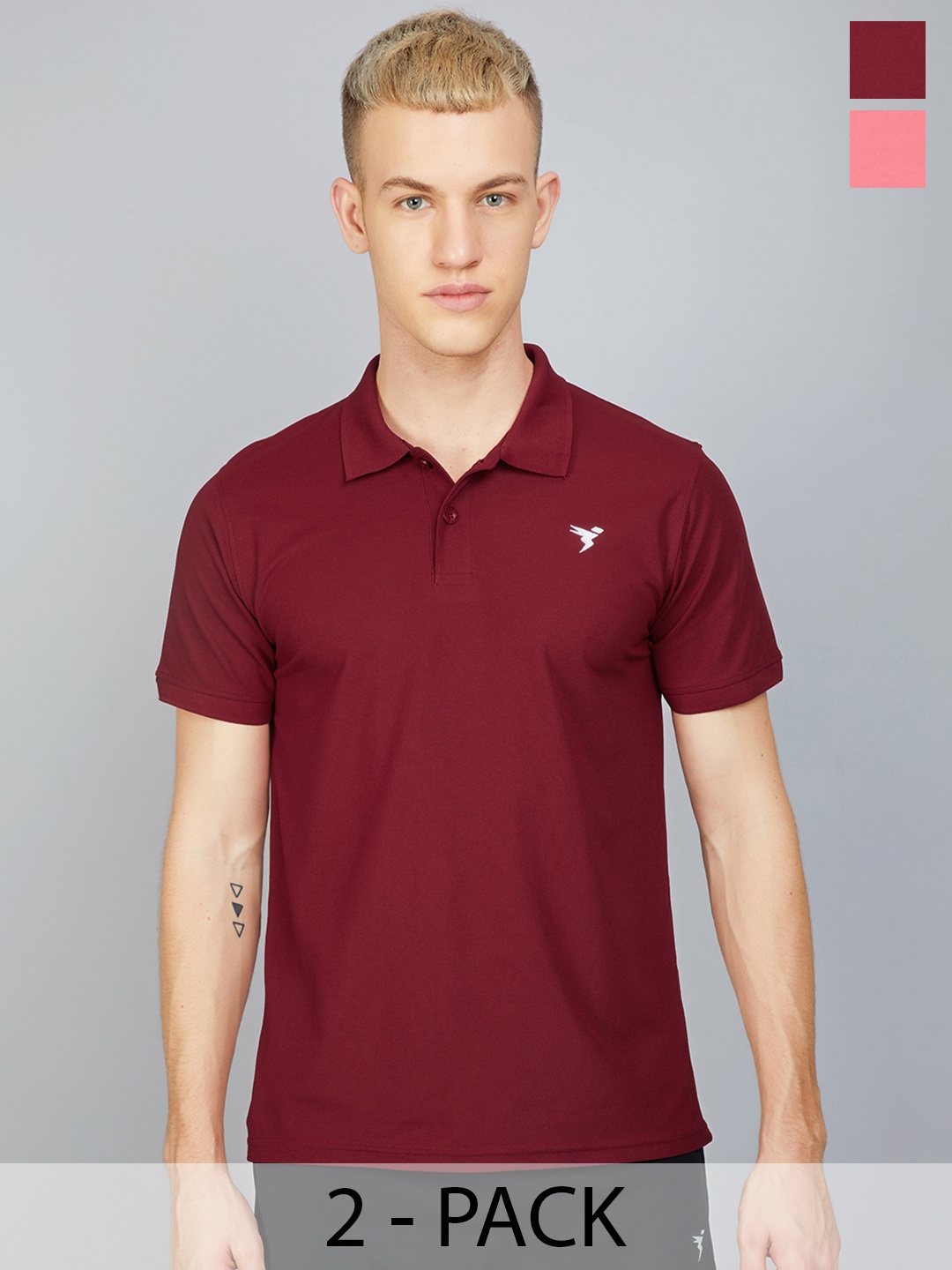 

Technosport Pack of 2 Polo Collar Antimicrobial Training or Gym Slim Fit T-shirt, Maroon