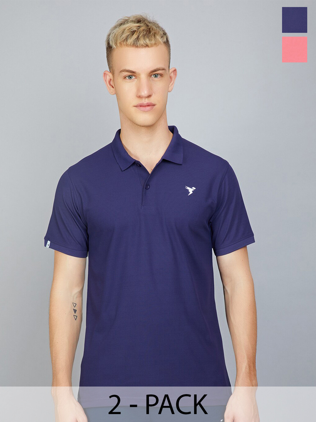 

Technosport Pack of 2 Antimicrobial Slim Fit Training or Gym Polo Collar T-shirts, Navy blue