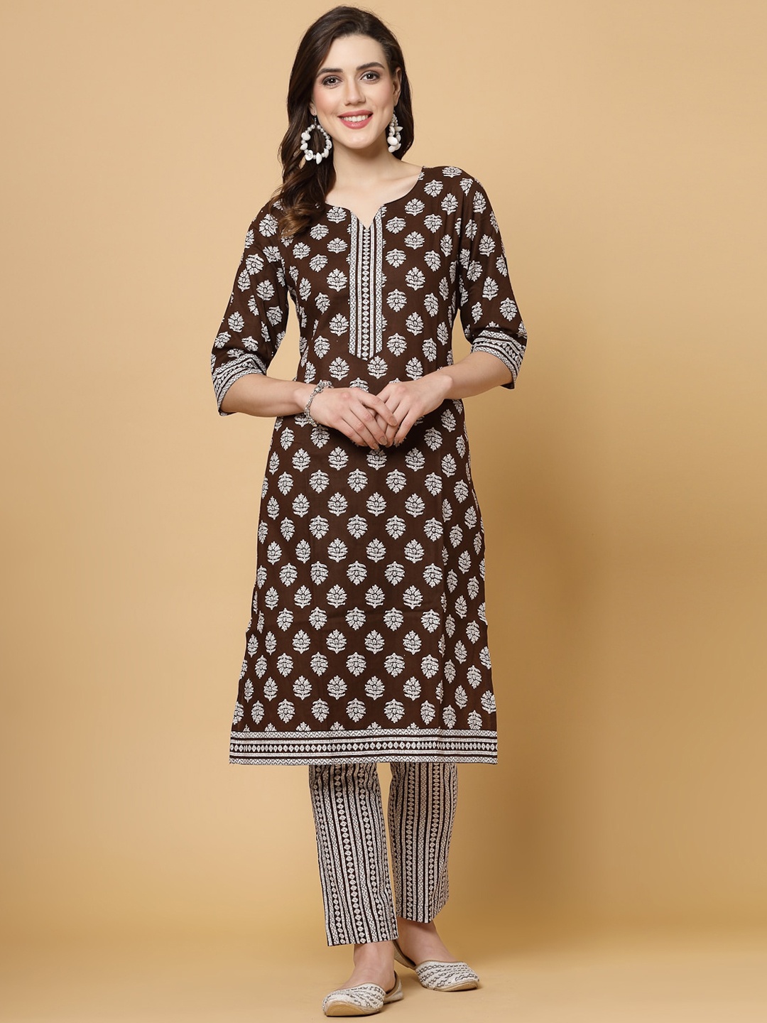 

KALINI Floral Printed Regular Straight Kurta With Trousers, Coffee brown
