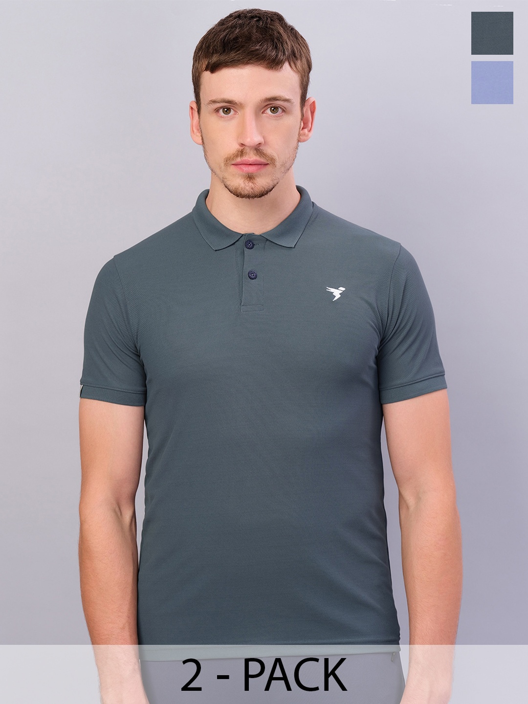 

Technosport Pack of 2 Antimicrobial Slim Fit Training or Gym Polo Collar T-shirts, Grey