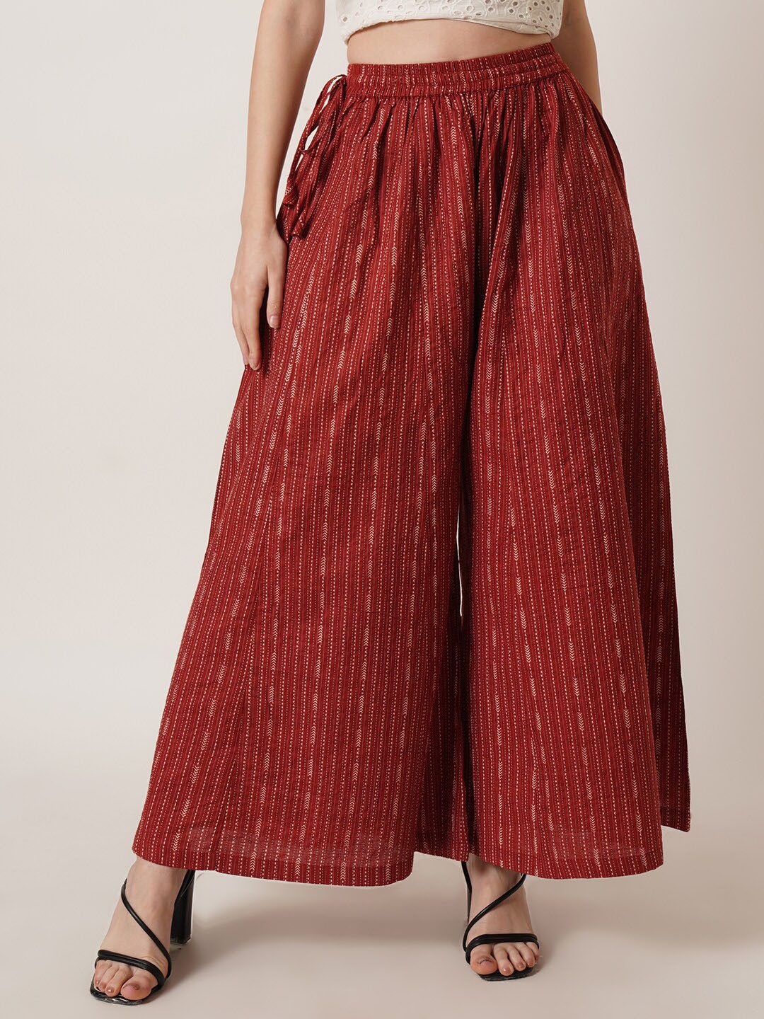 

U&F Striped Cotton Wide Leg Palazzos, Red