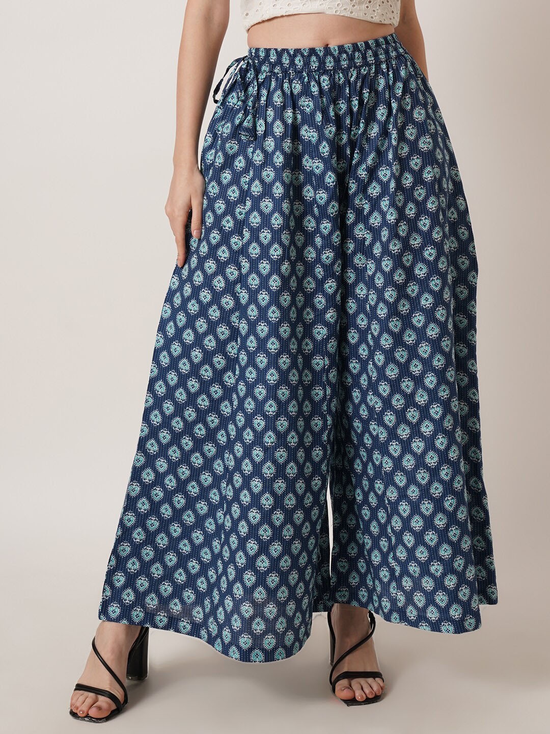 

U&F Women Ethnic Motifs Printed Wide Leg Cotton Palazzos, Blue