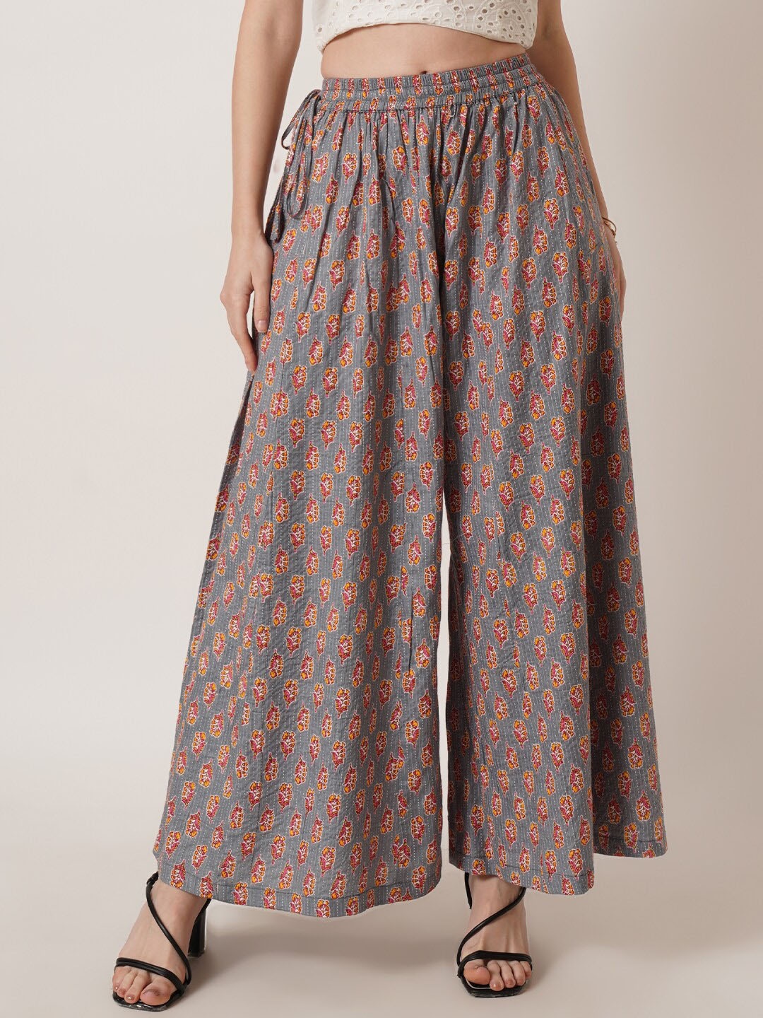 

U&F Ethnic Motifs Printed Wide Leg Cotton Palazzos, Grey
