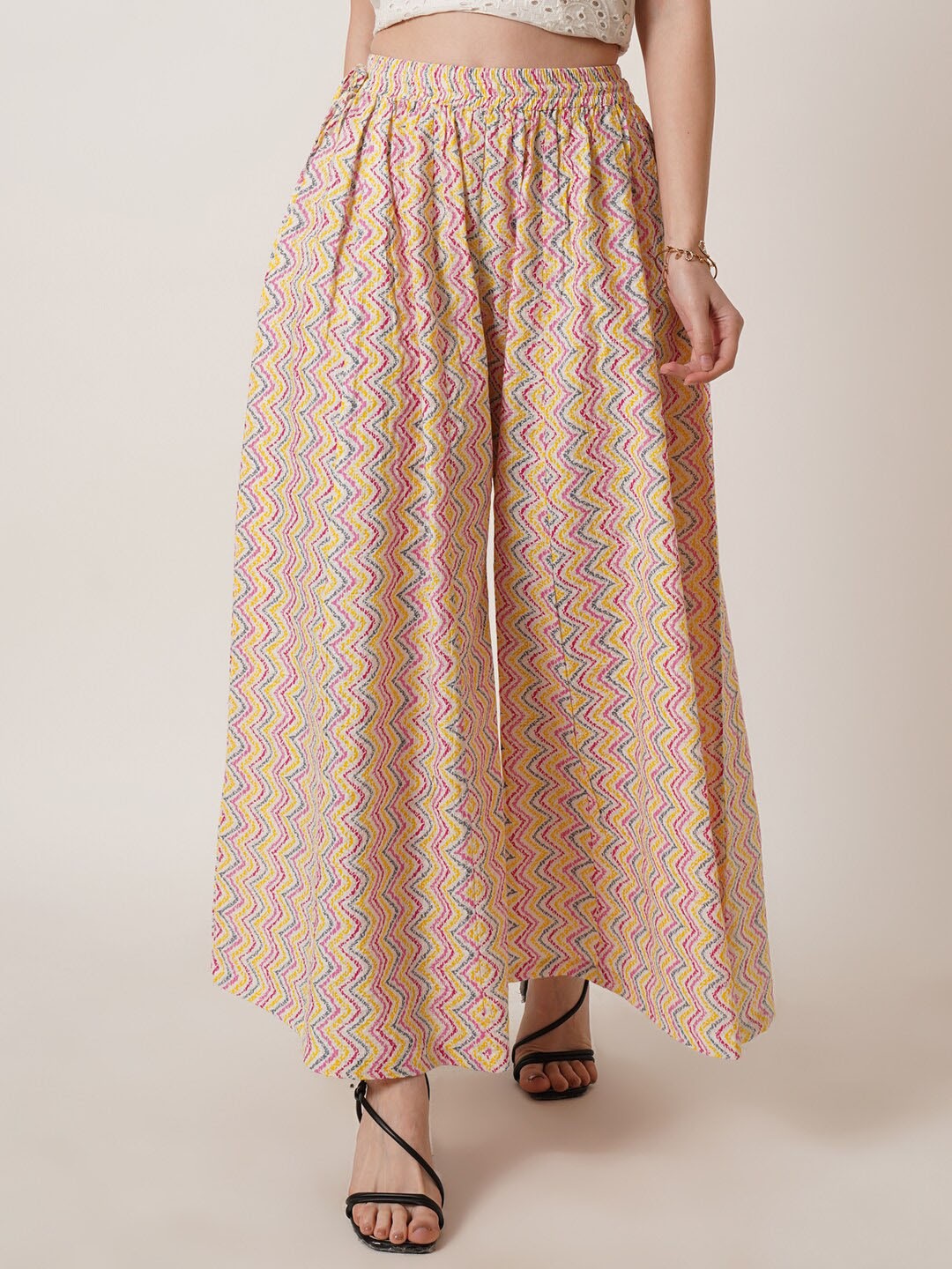 

U&F Printed Wide Leg Cotton Palazzos, Pink