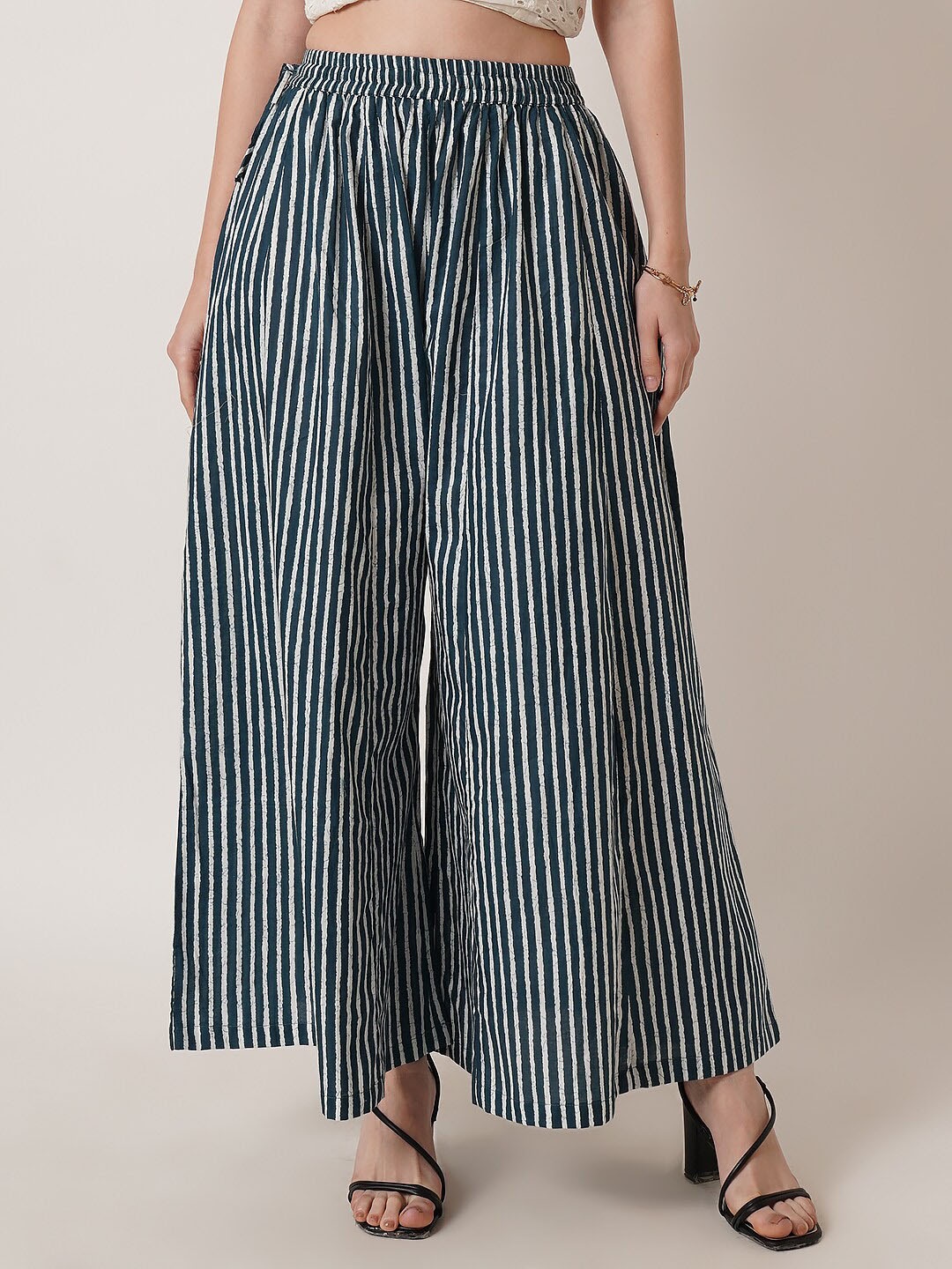 

U&F Striped Wide Leg Cotton Palazzos, Blue
