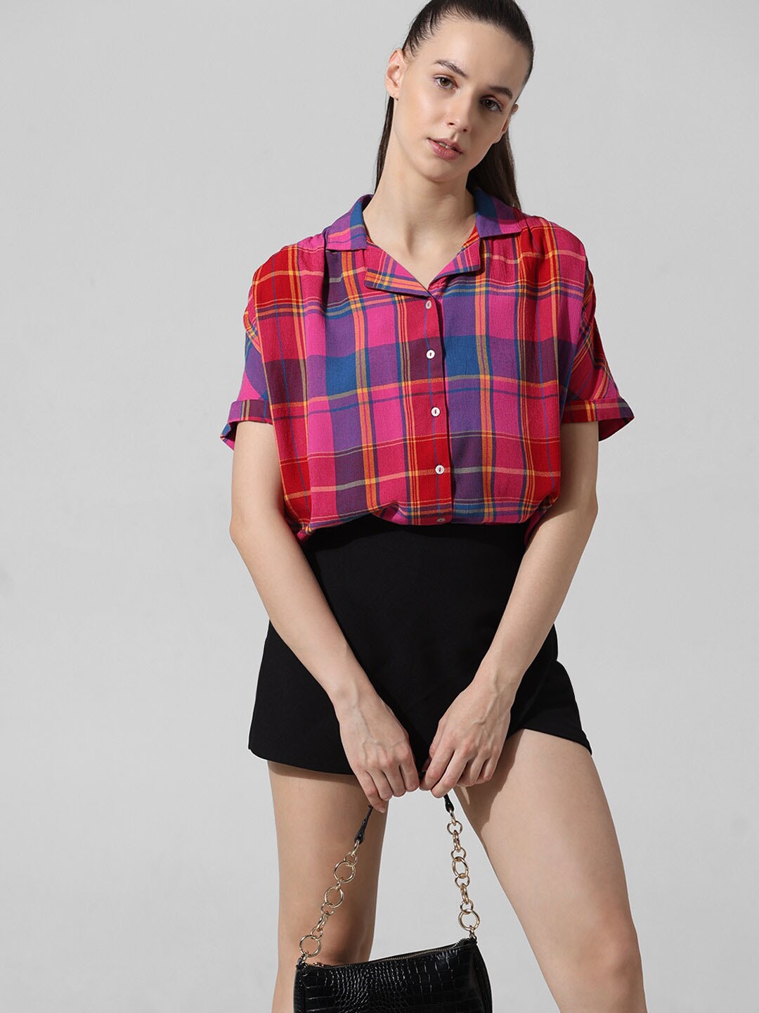 

ONLY Women Tartan Checks Opaque Checked Casual Shirt, Pink