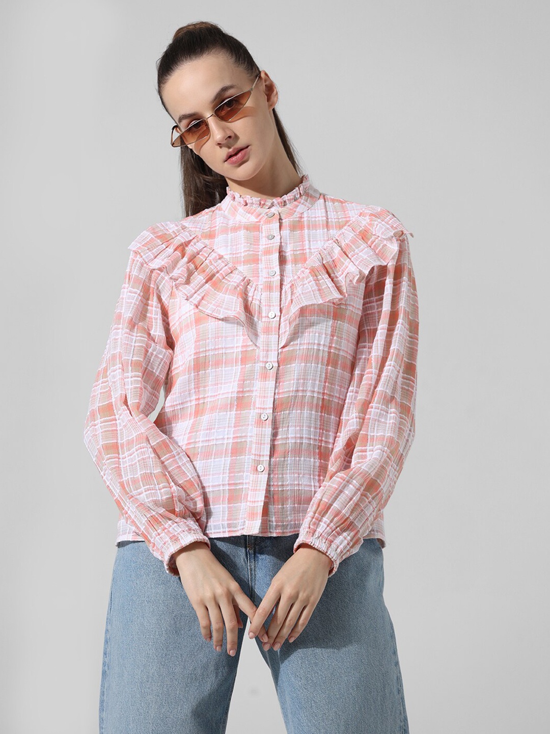 

ONLY Women Tartan Checks Opaque Checked Casual Shirt, Pink