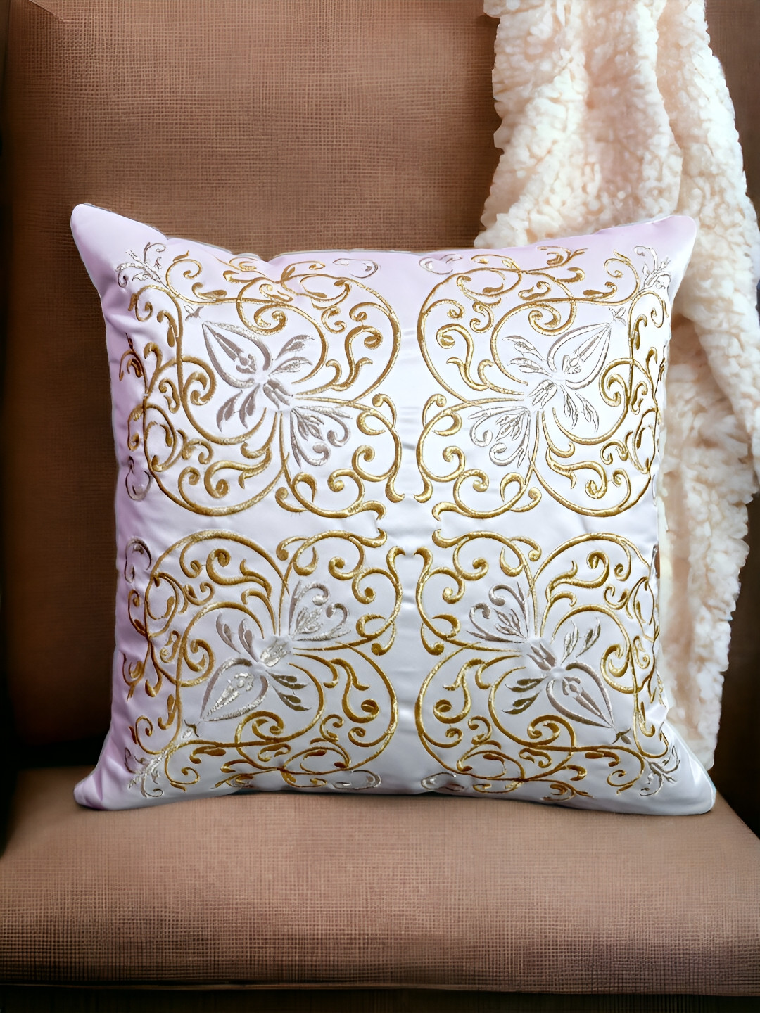 

Zikrak Exim Cream-Coloured Set of 2 Embroidered Satin Square Cushion Covers