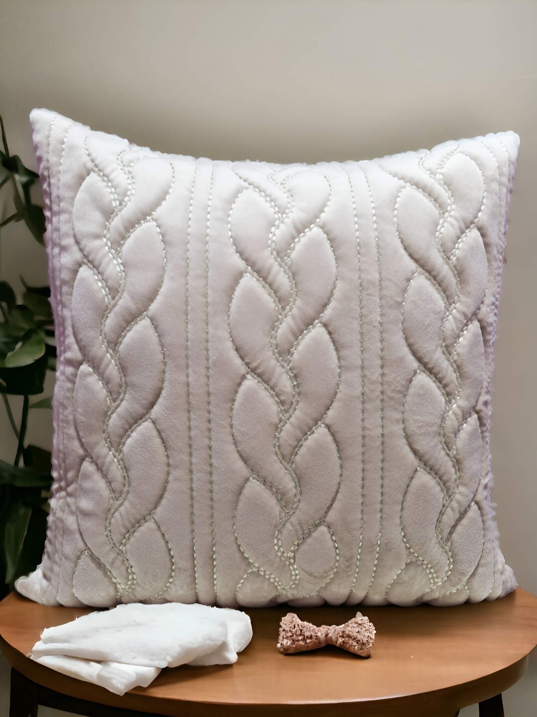 

Zikrak Exim Cream-Coloured Set of 5 Embroidered Velvet Square Cushion Covers
