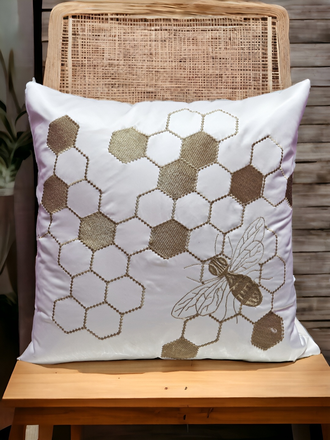 

Zikrak Exim Cream-Coloured Set of 5 Embroidered Satin Square Cushion Covers