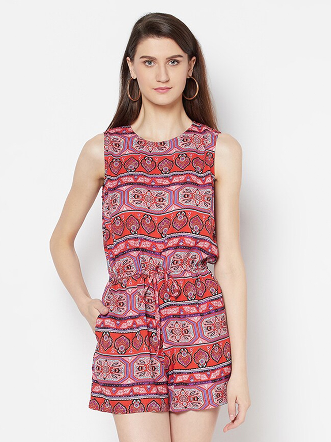 

Purple State Ethnic Motifs Printed Sleeveless Playsuit, Orange
