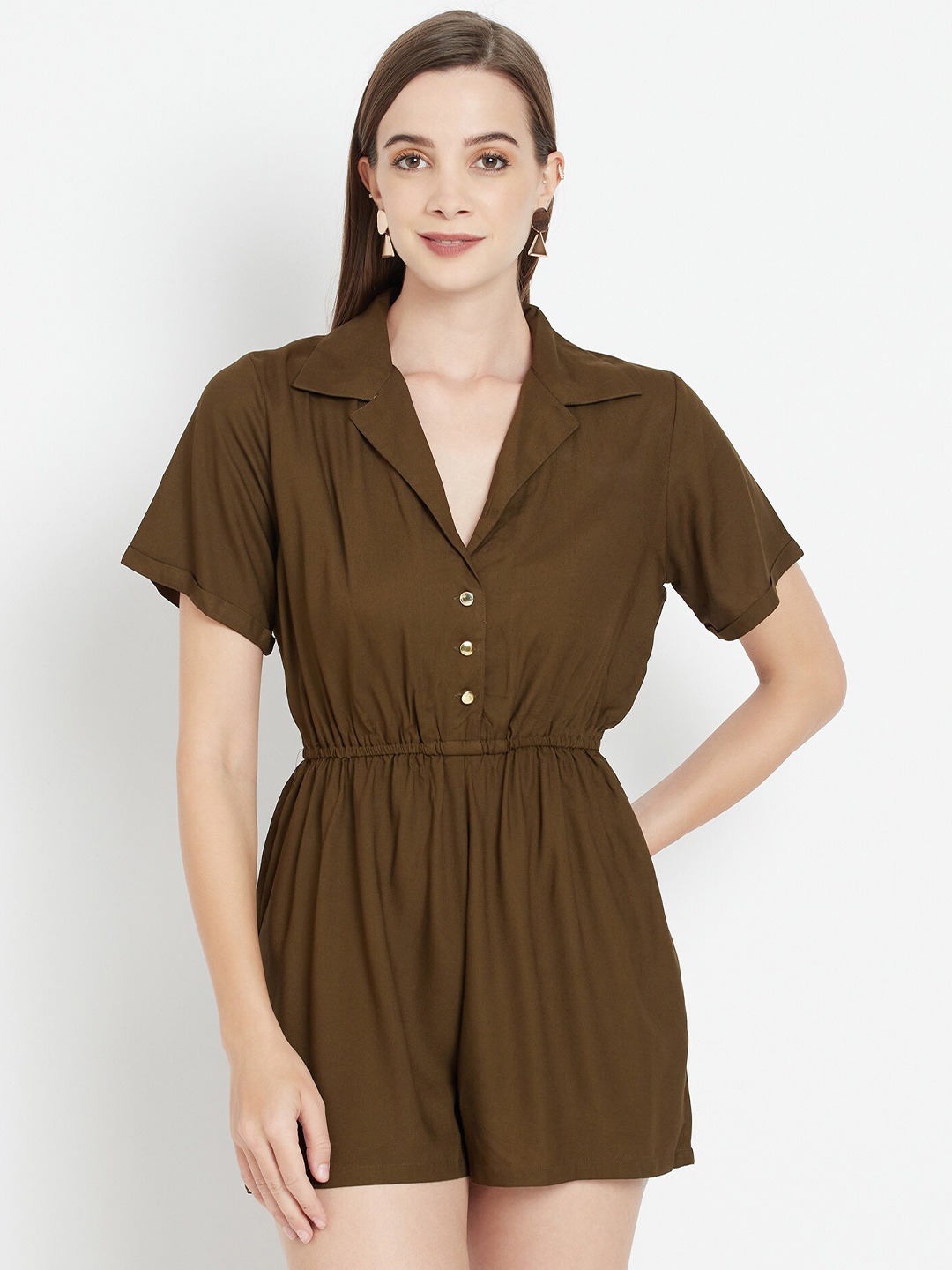 

Purple State Lapel Collar Short Sleeves Cinched Waist Playsuit, Olive