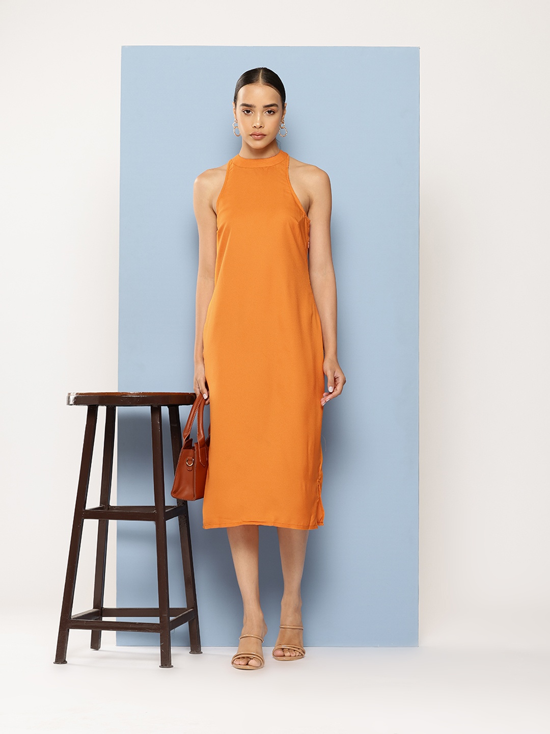 

Chemistry Solid Halter Neck Sheath Dress, Mustard