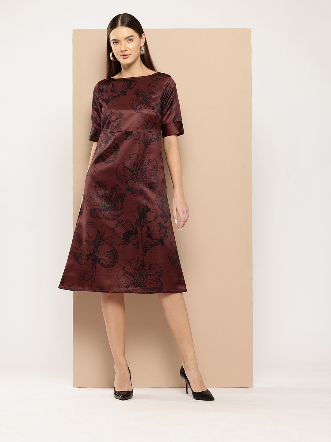 

Chemistry Printed Satin Finish A-Line Midi Dress, Brown