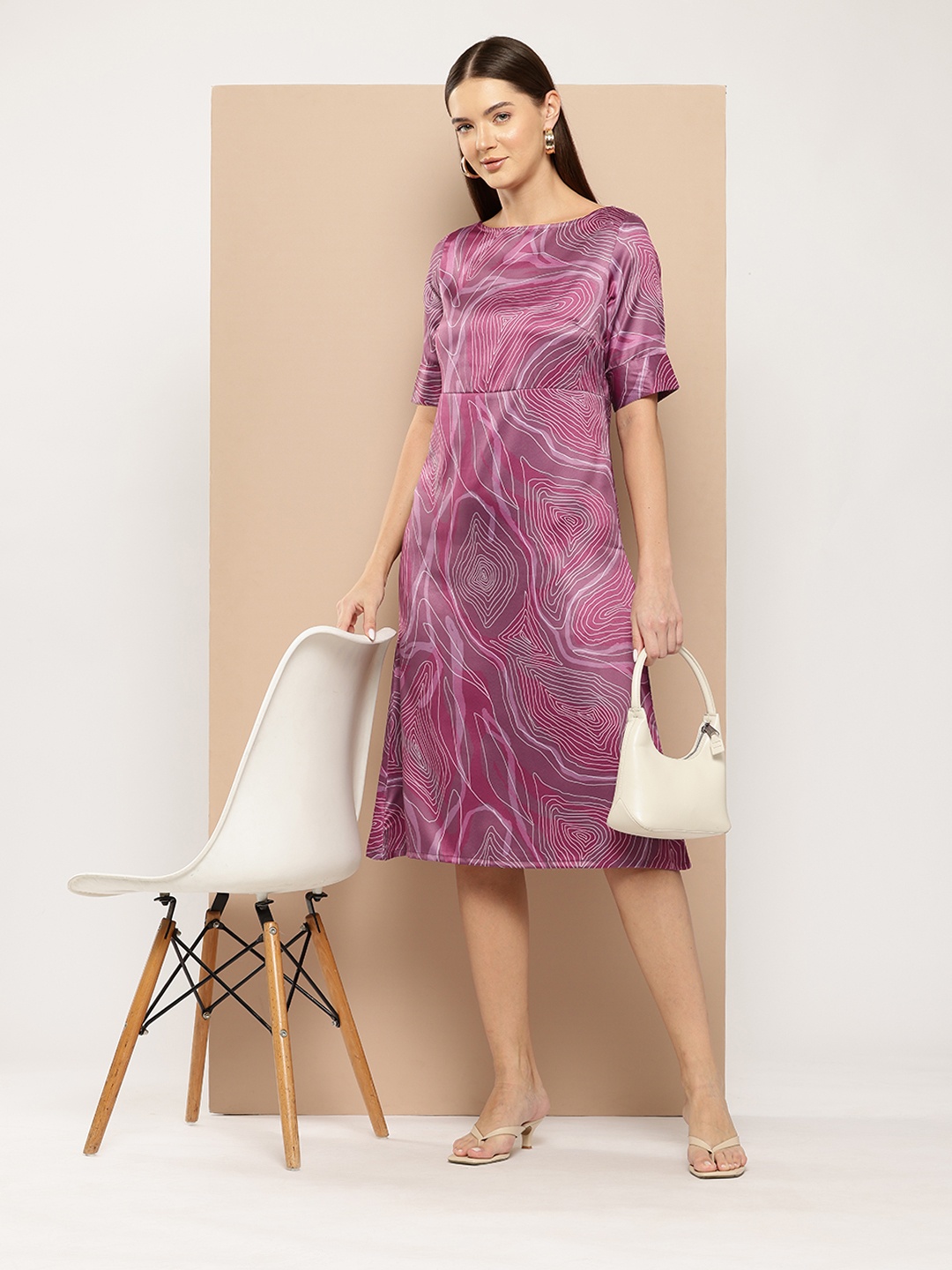 

Chemistry Printed Satin Finish A-Line Midi Dress, Magenta