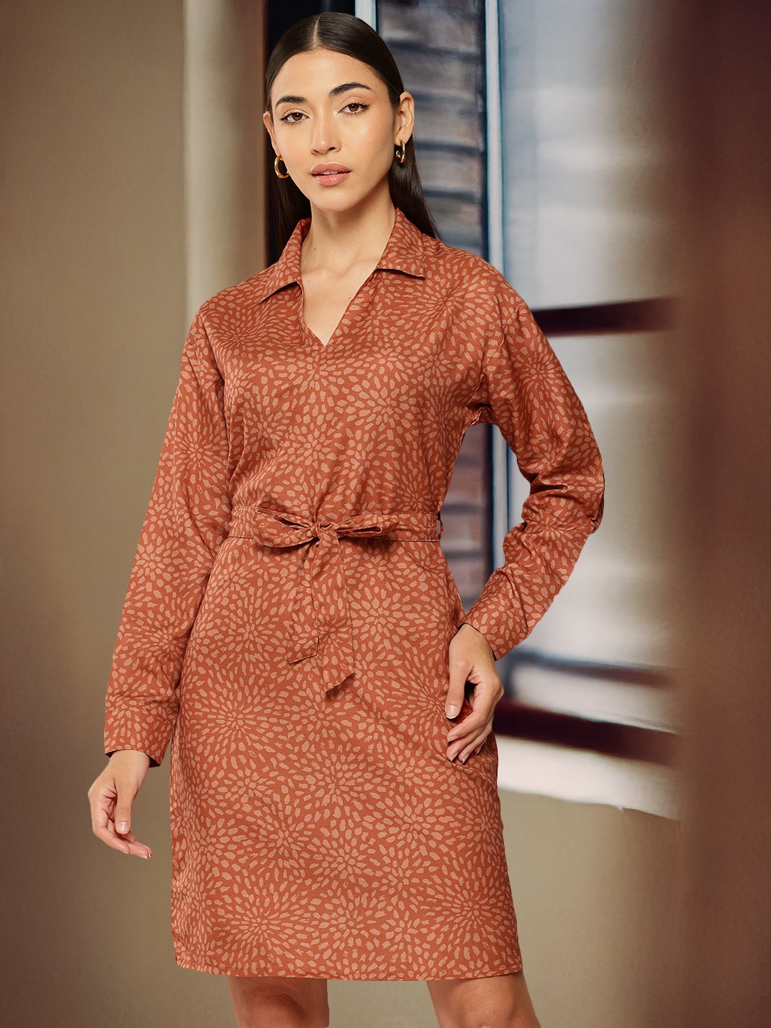 

Chemistry Geometric Printed A-Line Dress with Belt, Rust