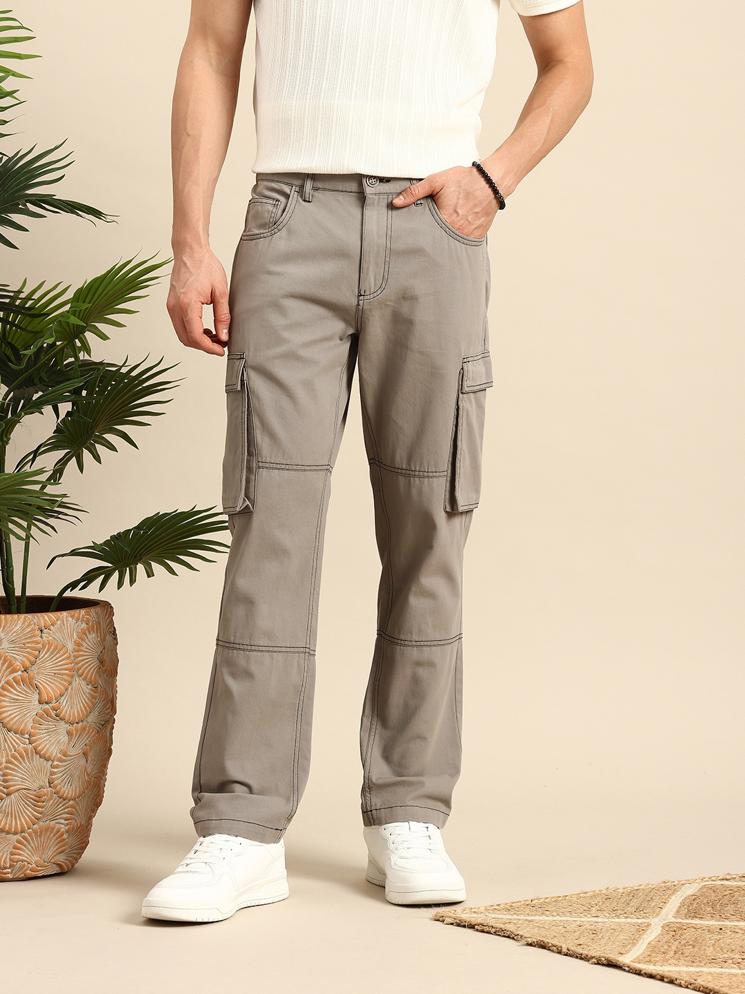 

Mast & Harbour Men Pure Cotton Cargo Trousers, Grey