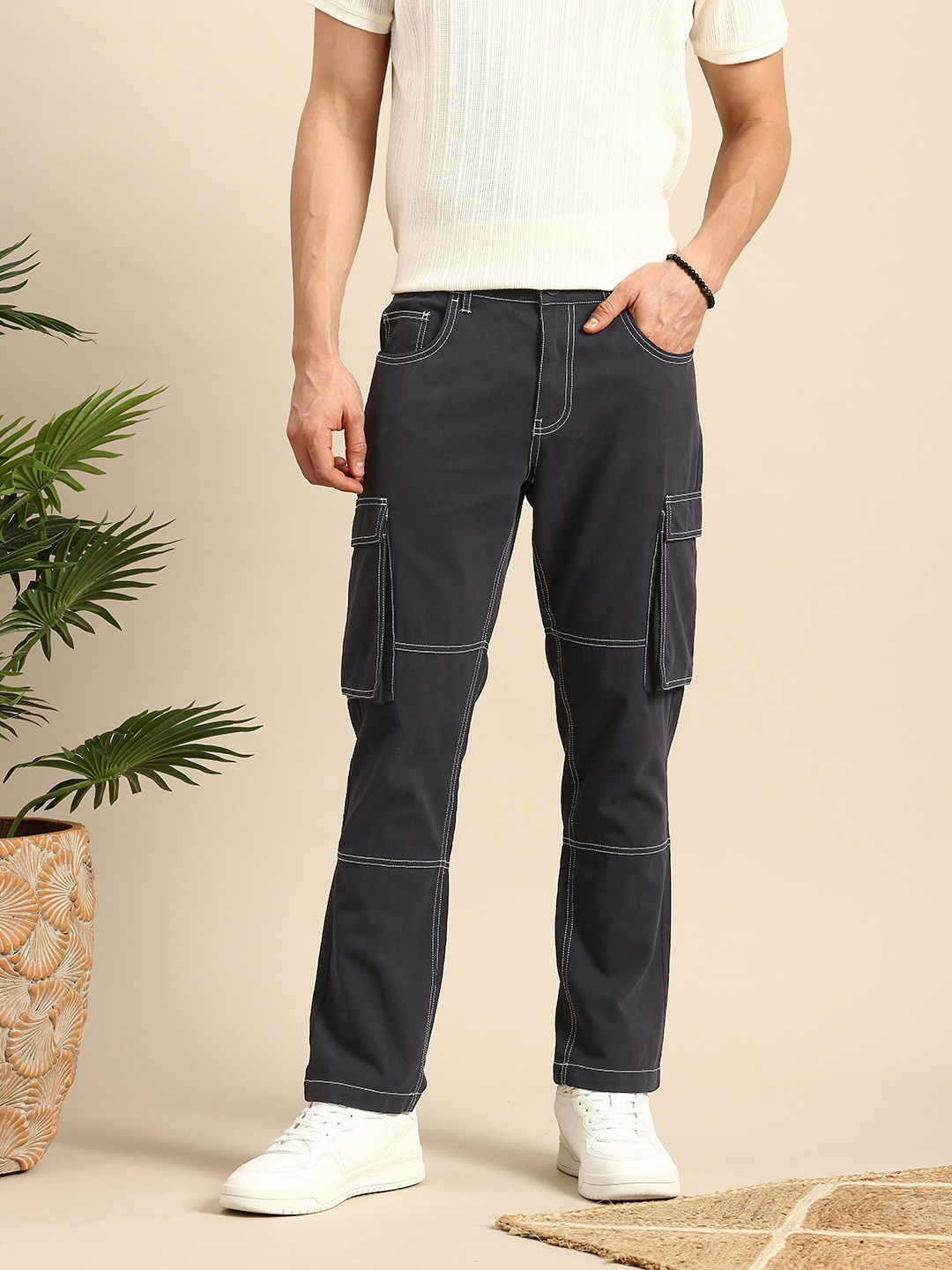 

Mast & Harbour Men Pure Cotton Cargo Trousers, Navy blue