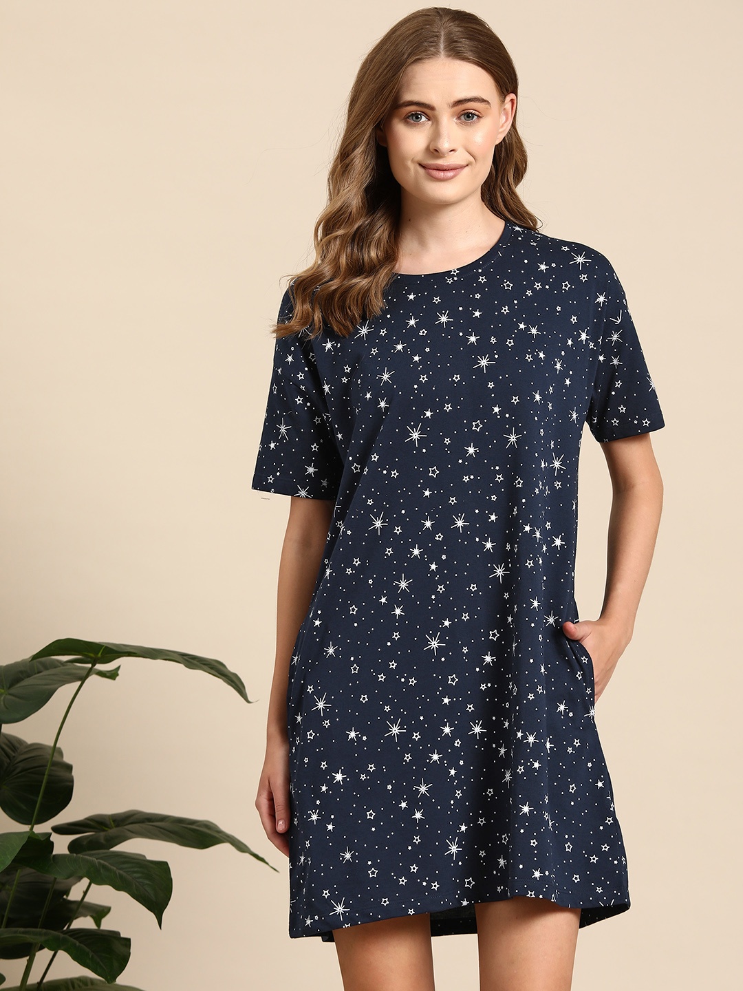 

Mast & Harbour Round Neck Conversational Printed T-shirt Nightdress With Pouch, Navy blue