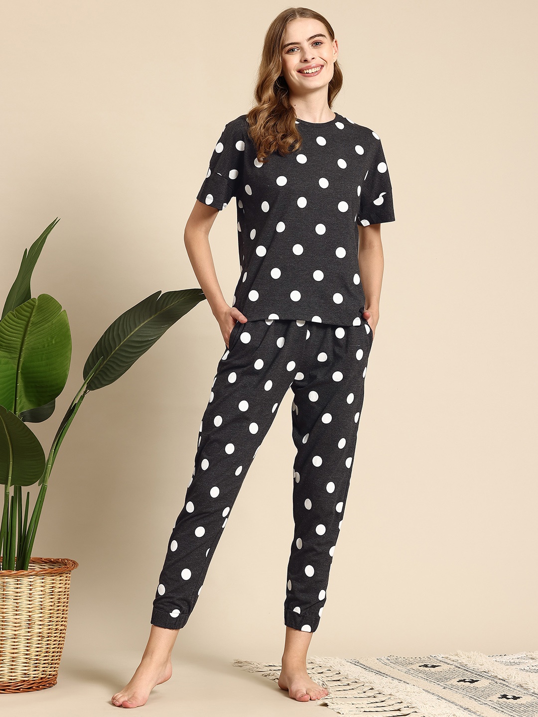 

Mast & Harbour Polka Dot Printed Pyjama Set, Black