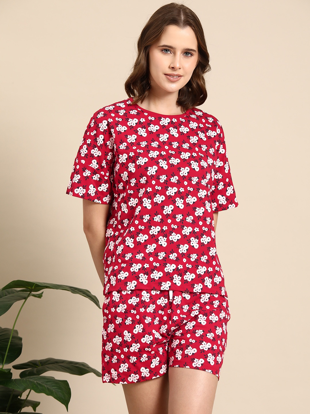 

Mast & Harbour Floral Printed Night Suit, Red