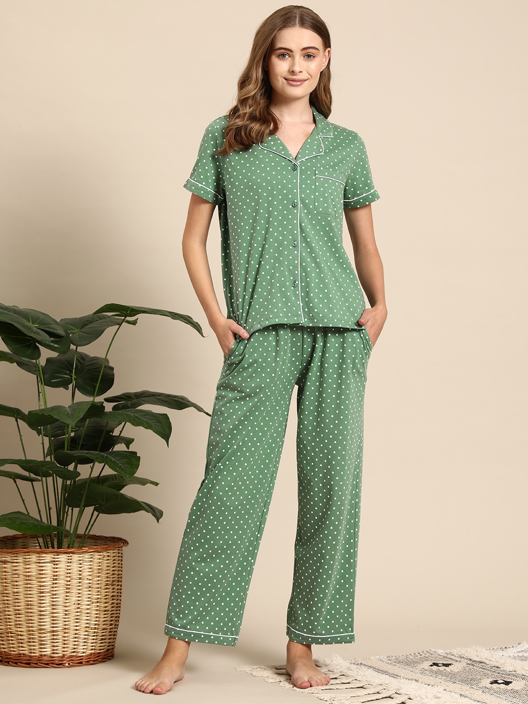 

Mast & Harbour Polka Dots Printed Pyjama Night Suit, Green