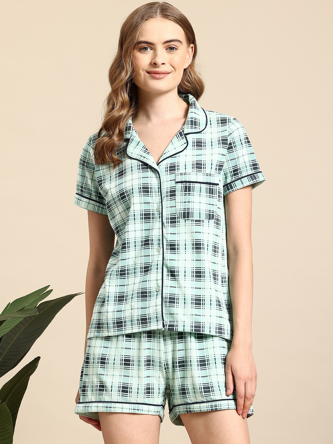 

Mast & Harbour Checked Night suit, Sea green