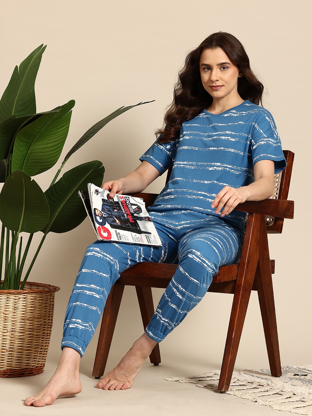 

Mast & Harbour Printed Pyjama Set with Pouch, Blue