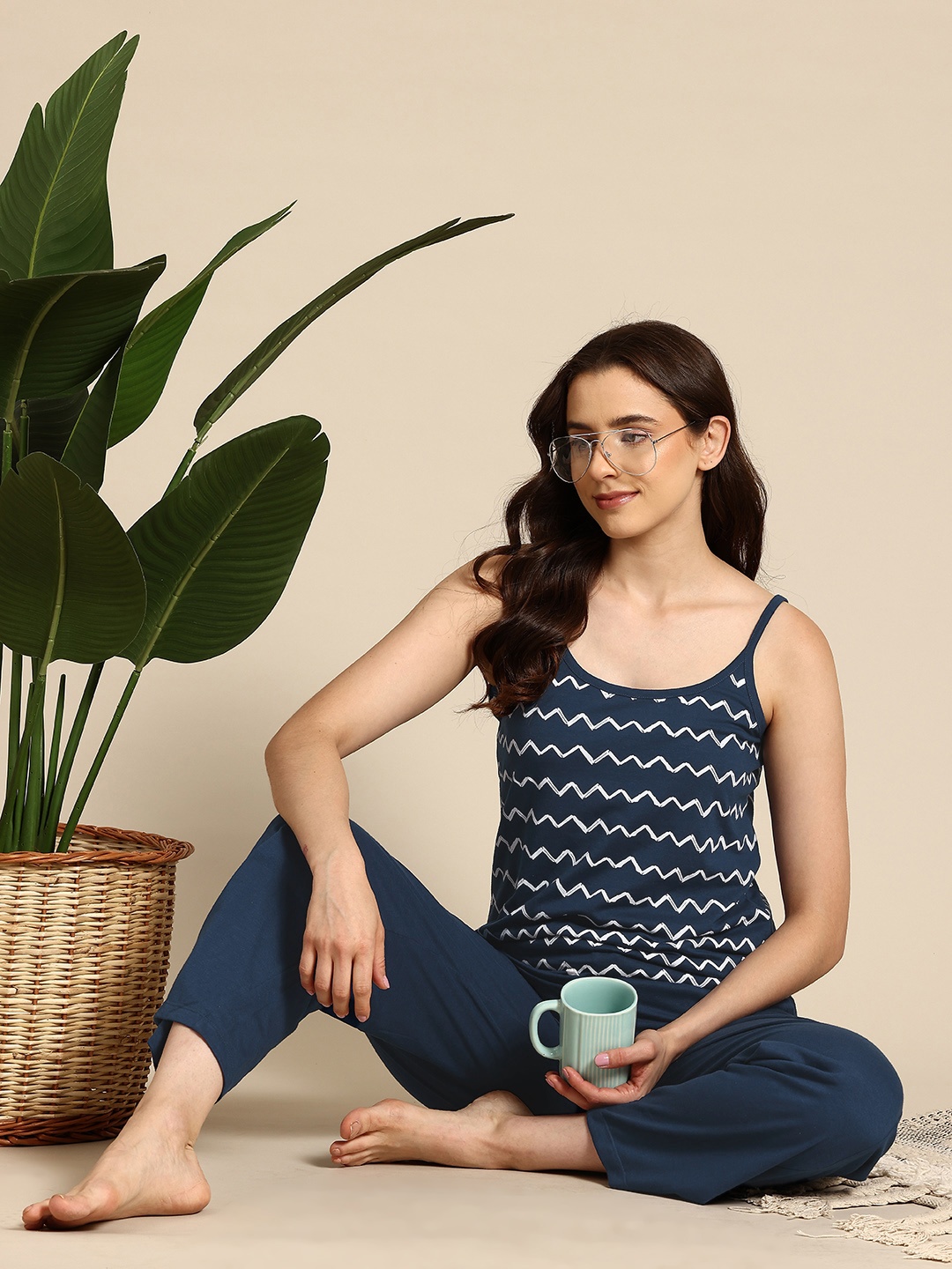 

Mast & Harbour Printed Pyjama Set with Pouch, Navy blue