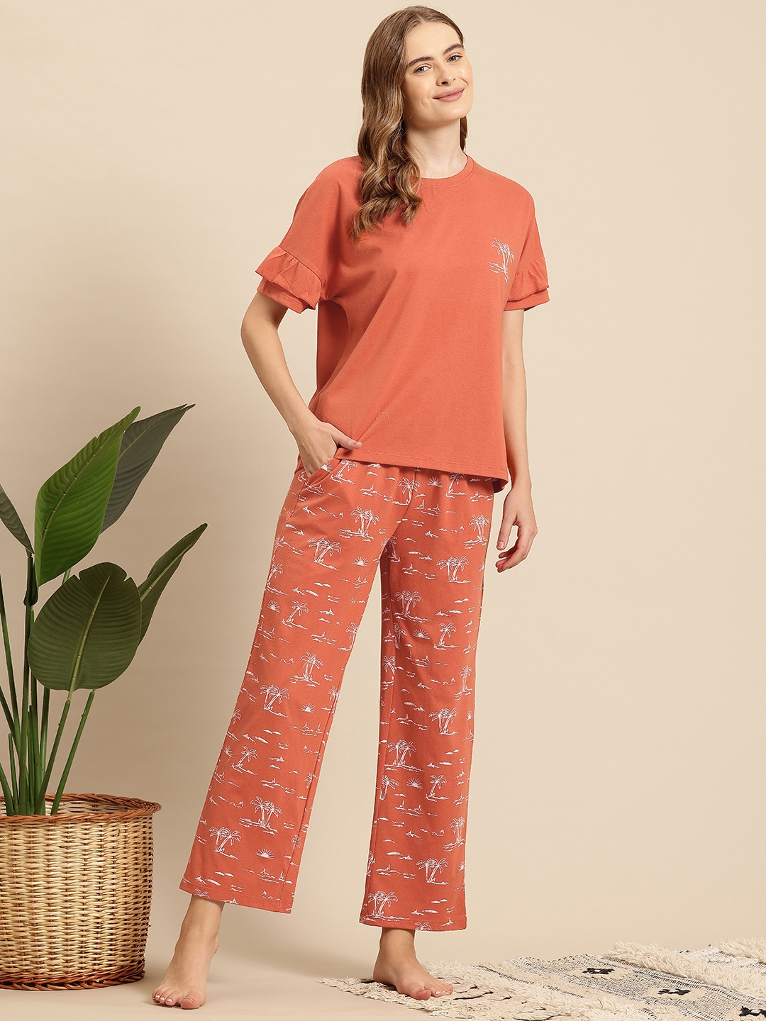 

Mast & Harbour Women Printed Pyjama Set with Pouch, Rust