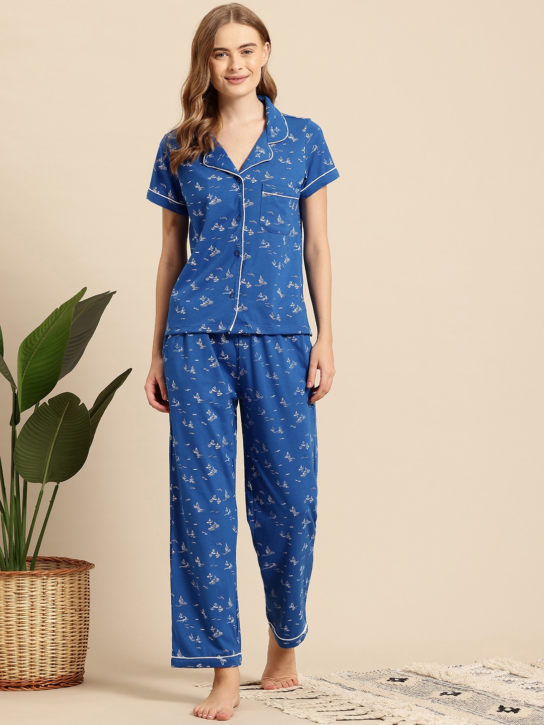 

Mast & Harbour Women Printed Pyjama Set with Pouch, Blue