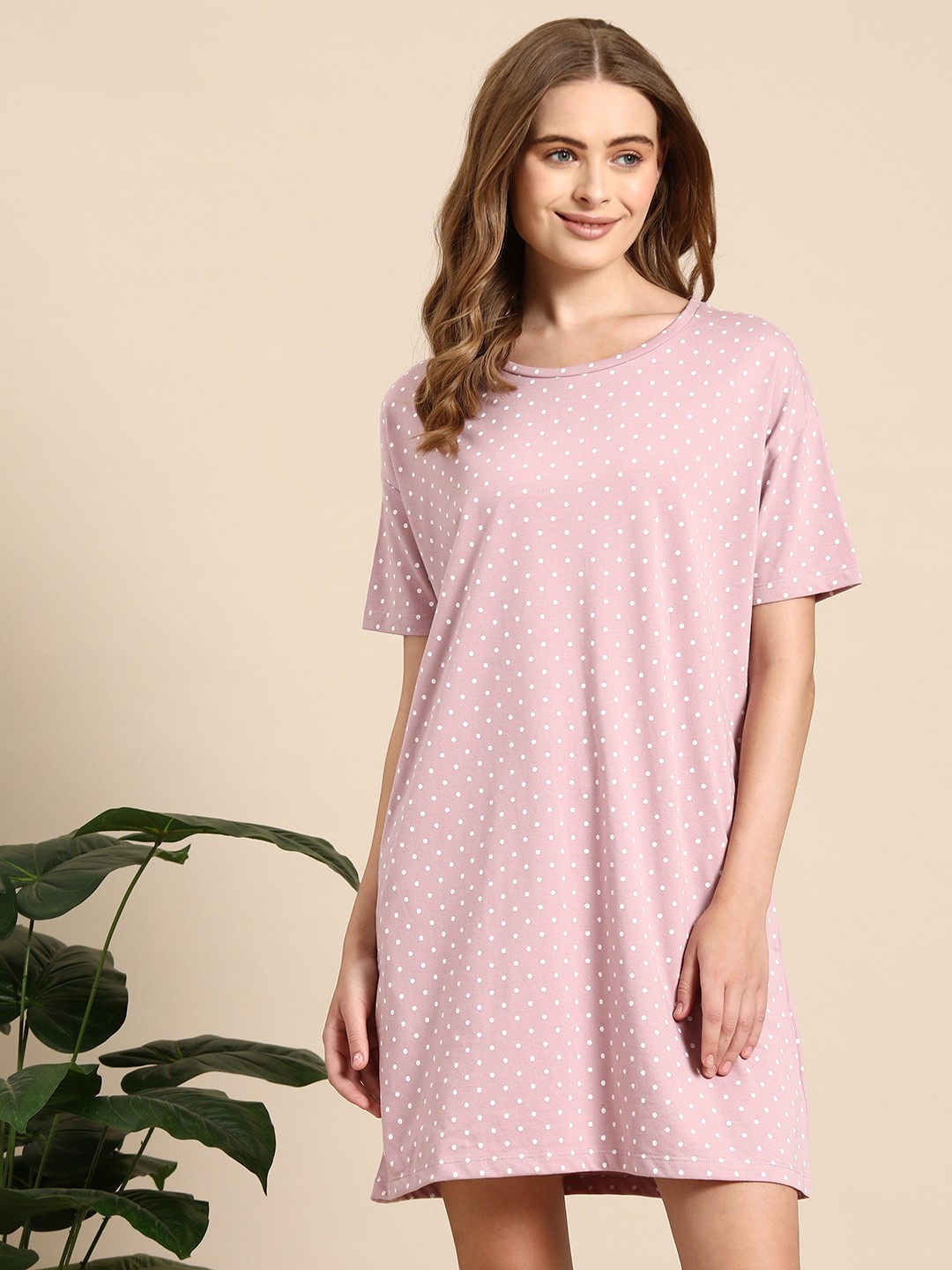 

Mast & Harbour Round Neck T-shirt Nightdress With Pouch, Pink