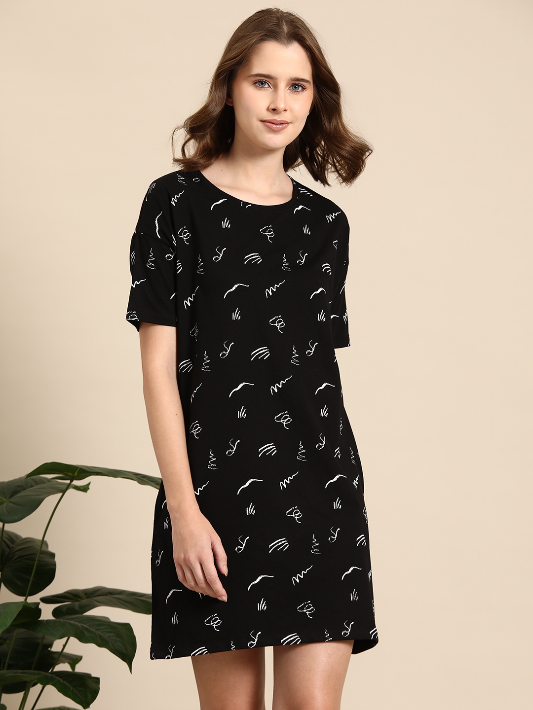 

Mast & Harbour Round Neck Conversational Printed T-shirt Nightdress With Pouch, Black