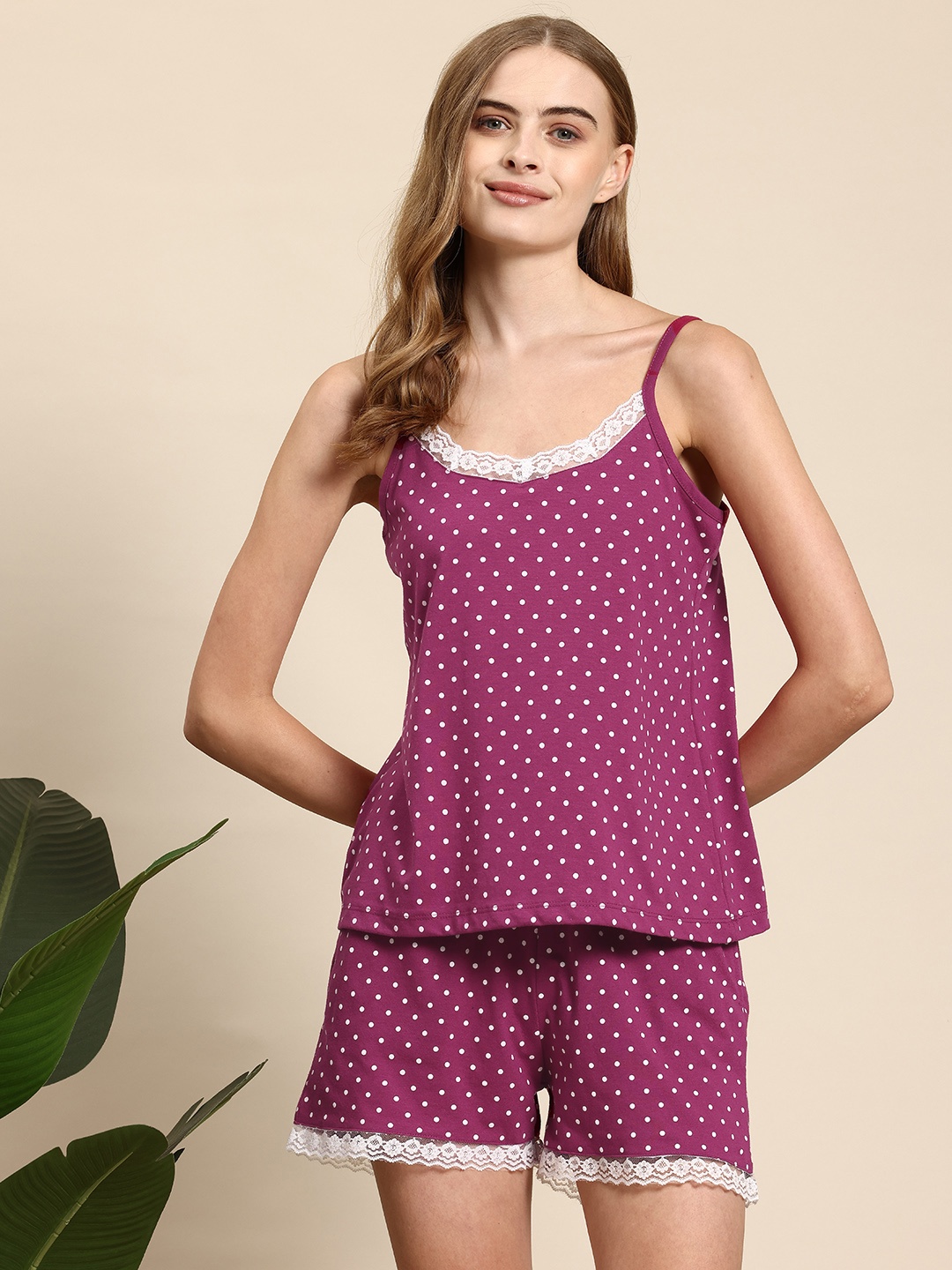 

Mast & Harbour Women Polka Dot Printed Lace Insert Detail Short Set with Pouch, Magenta