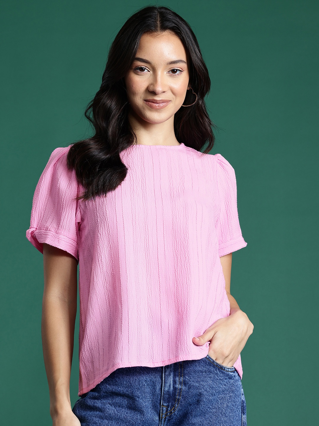 

DressBerry Self Designed Puff Sleeves Top, Pink