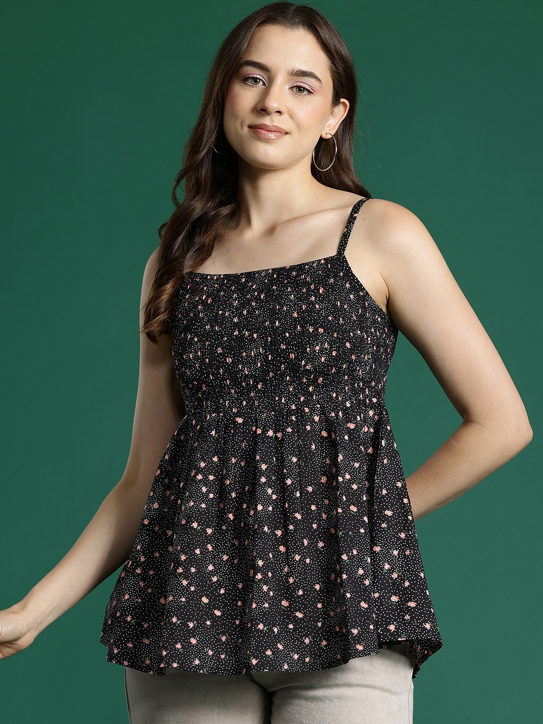 

DressBerry Floral Print Smocked Cotton Empire Top, Black