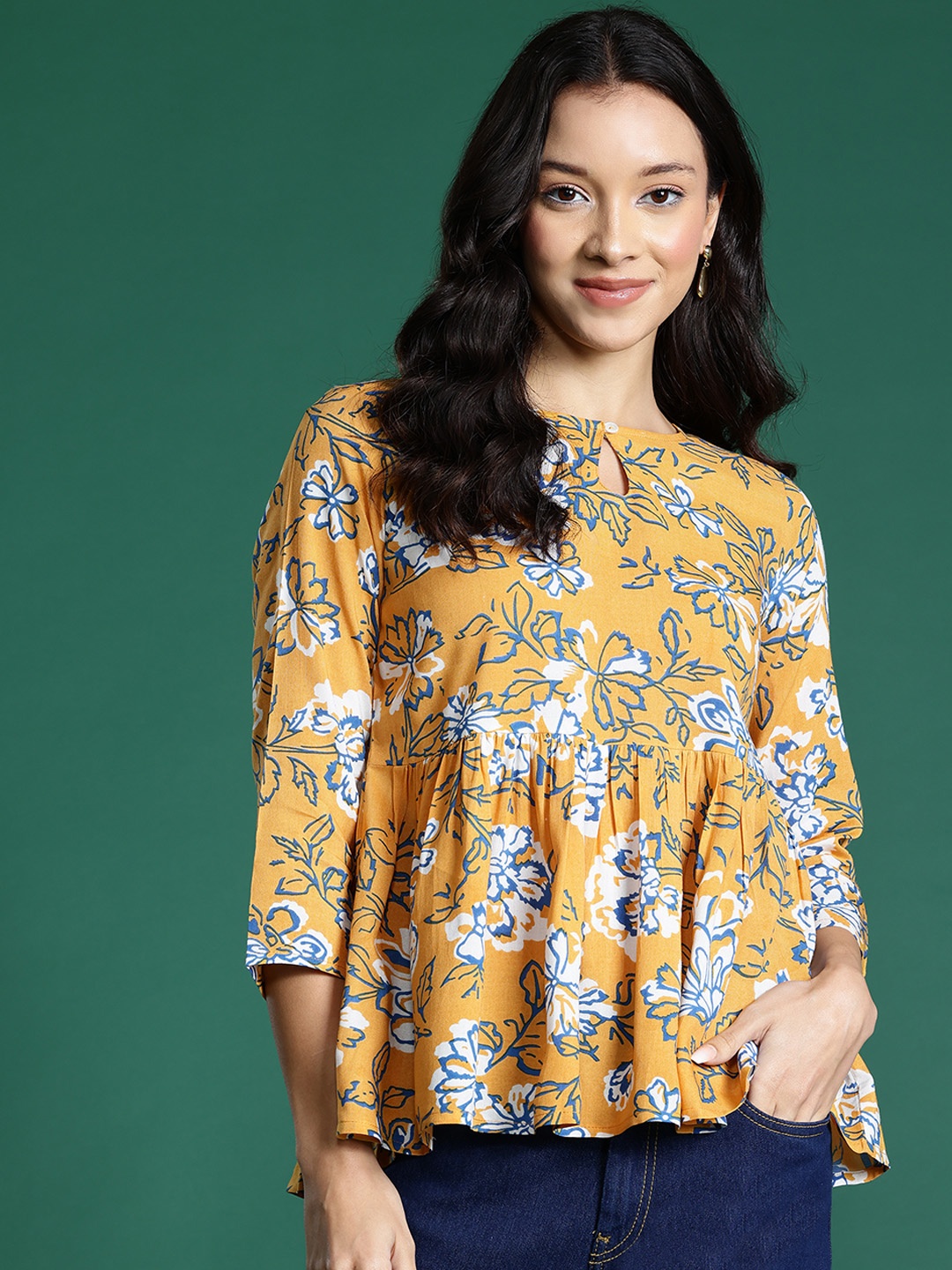 

DressBerry Floral Print Keyhole Neck Top, Mustard
