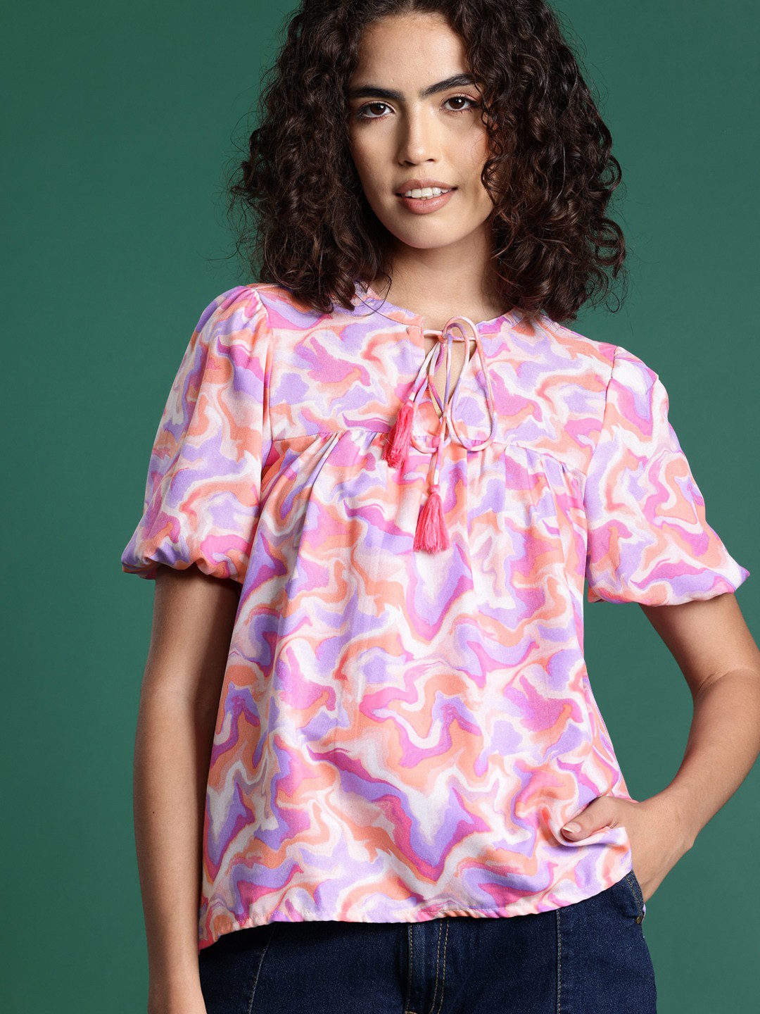 

DressBerry Printed Tie-Up Neck Puff Sleeve Top, Multi