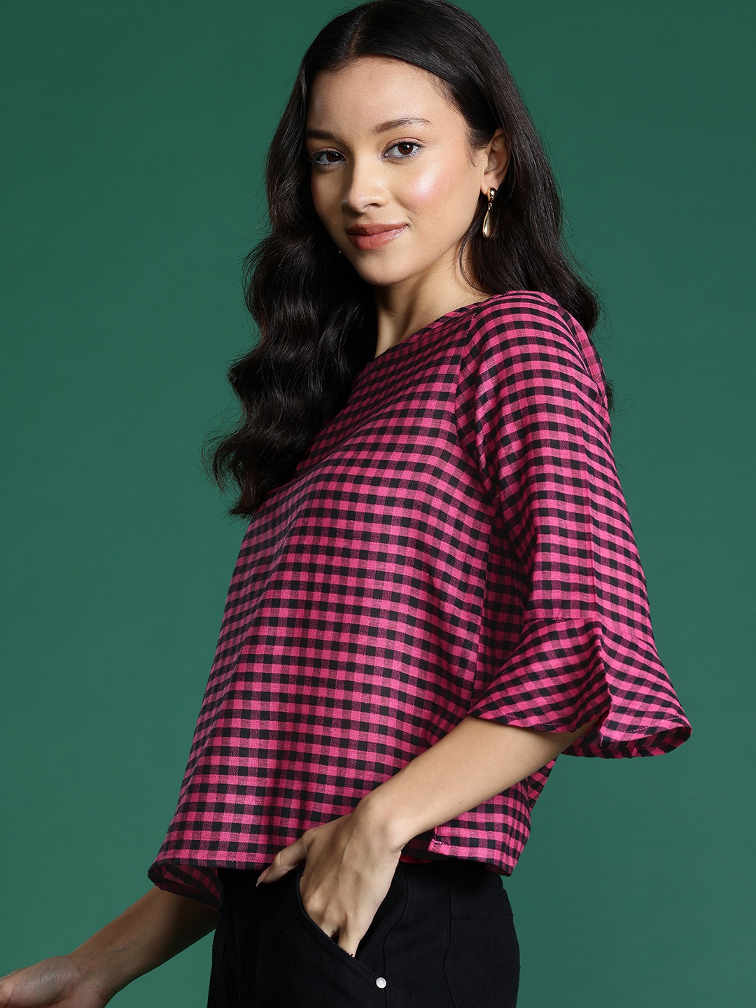 

DressBerry Checked Bell Sleeves Top, Pink