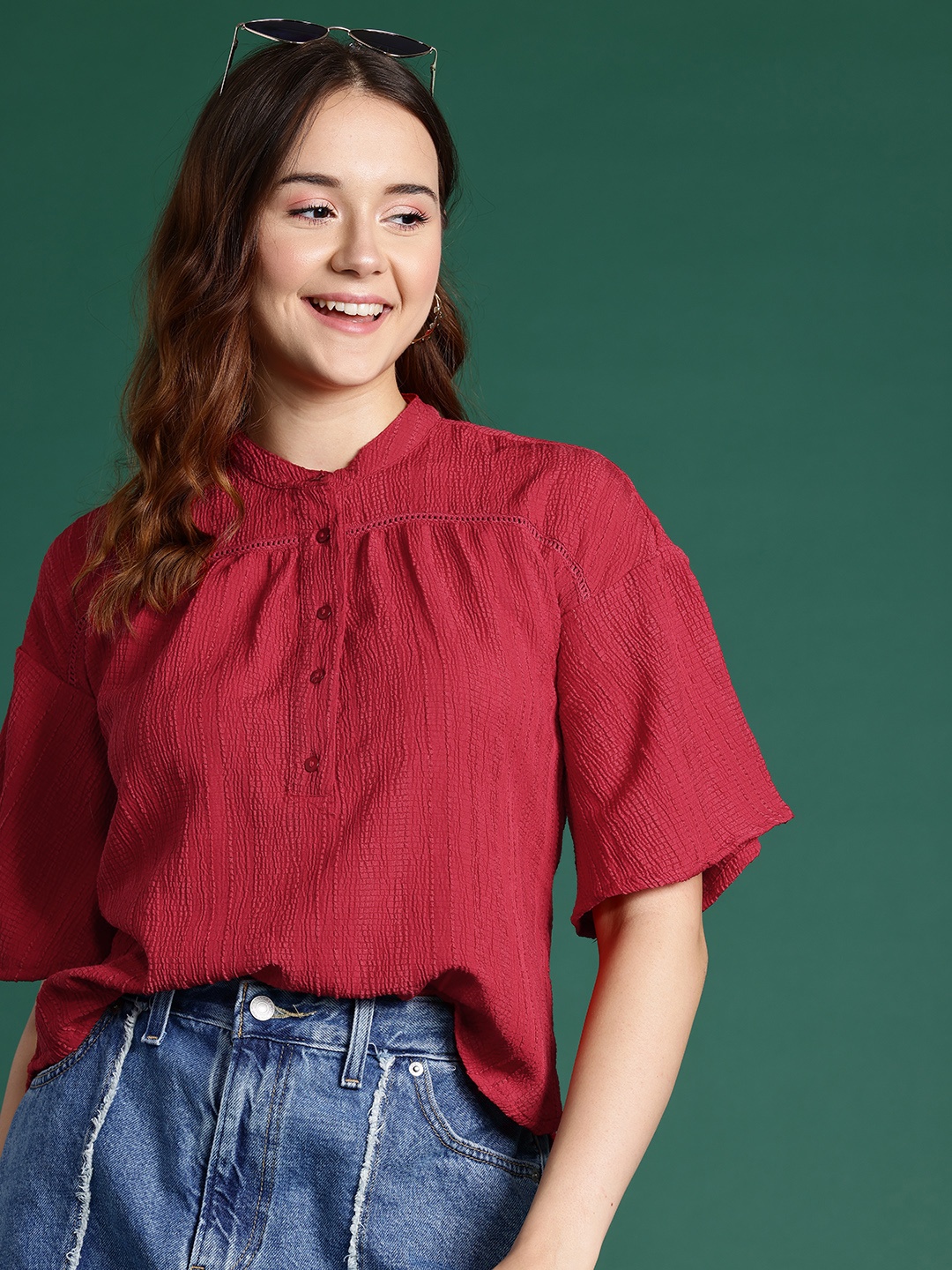 

DressBerry Mandarin Collar Flared Sleeves Shirt Style Top, Red