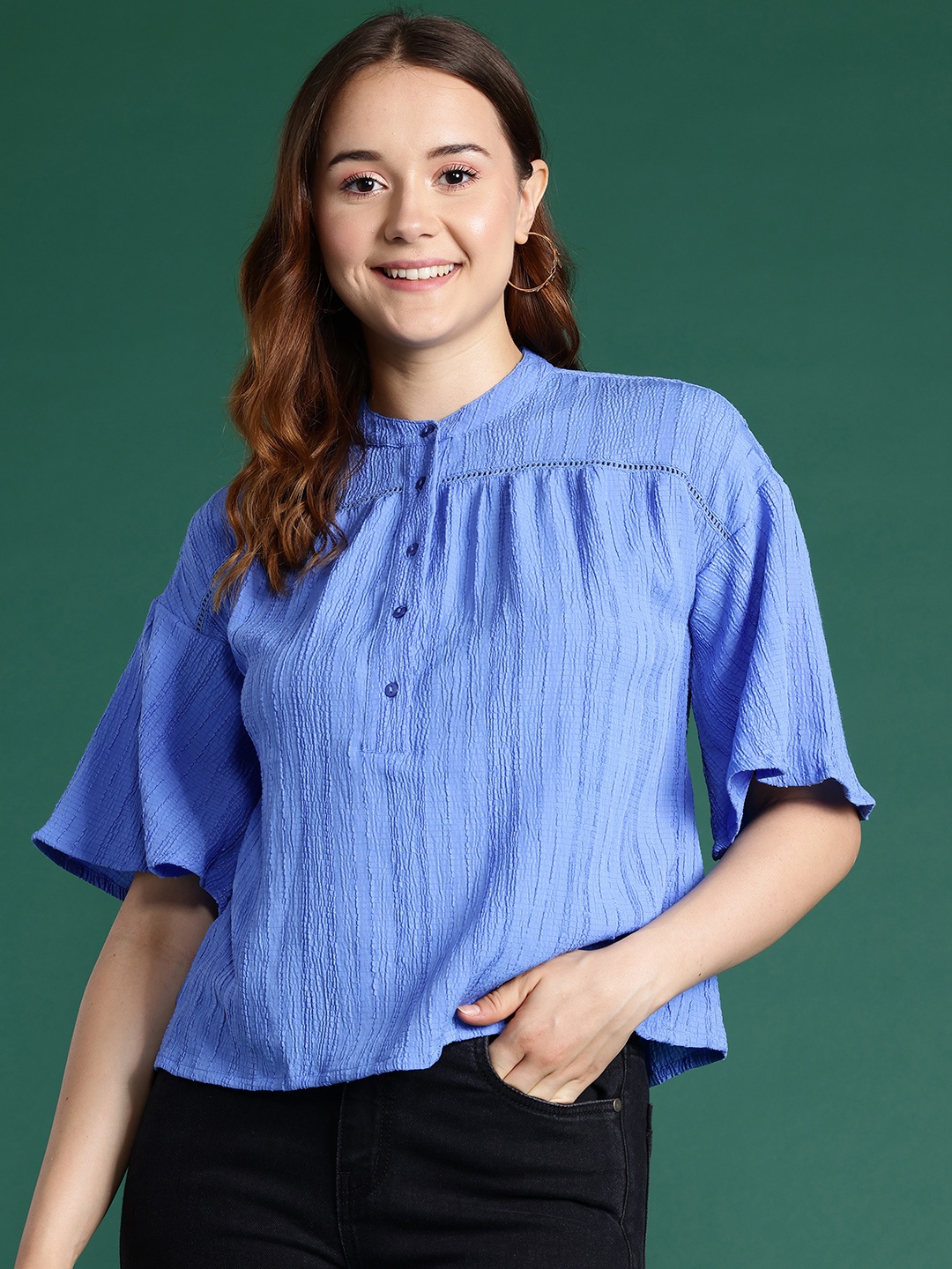 

DressBerry Bizwear Mandarin Collar Flared Sleeves Shirt Style Top, Blue
