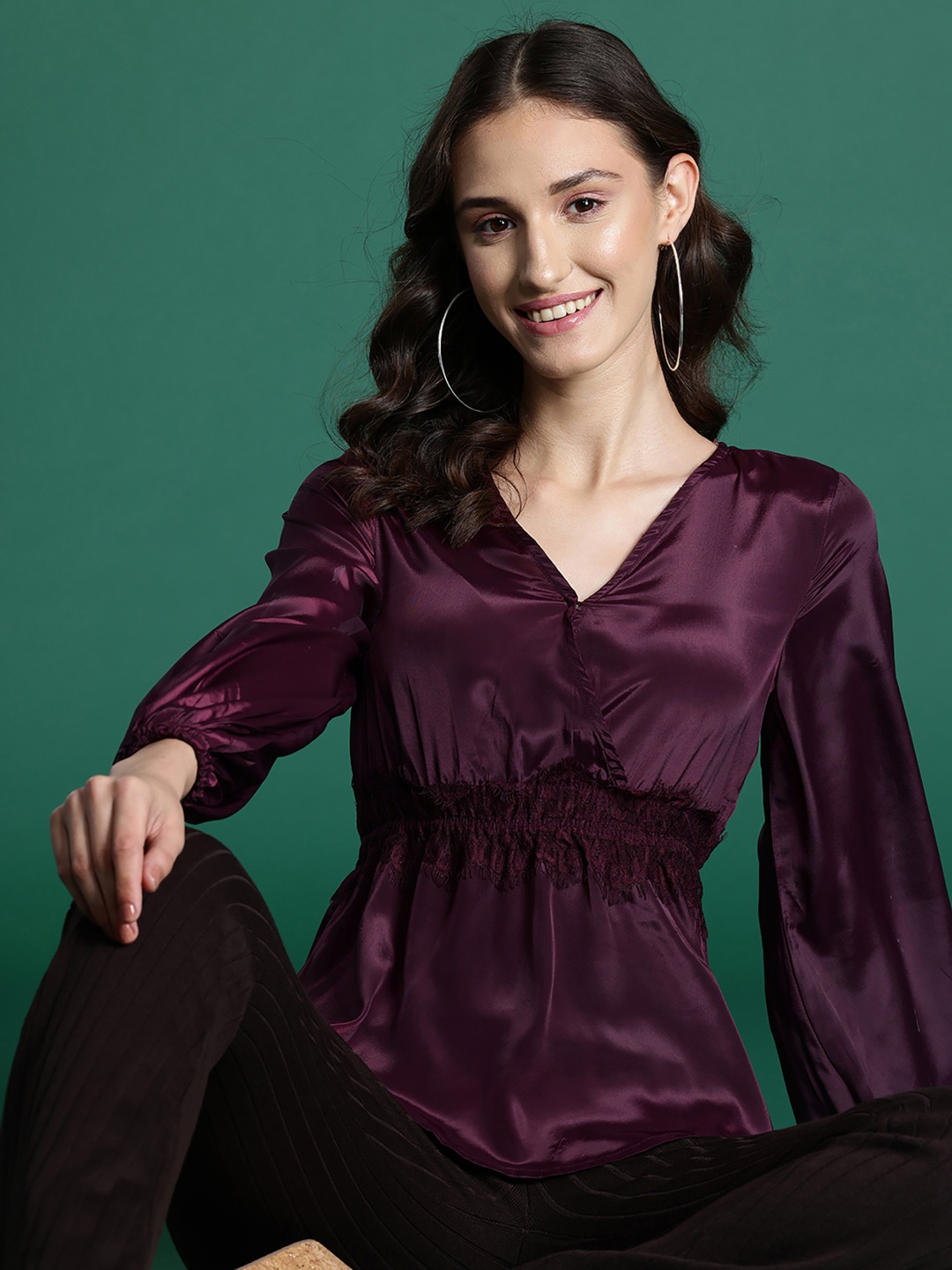 

DressBerry Bizwear Puff Sleeve Cinched Waist Top, Purple