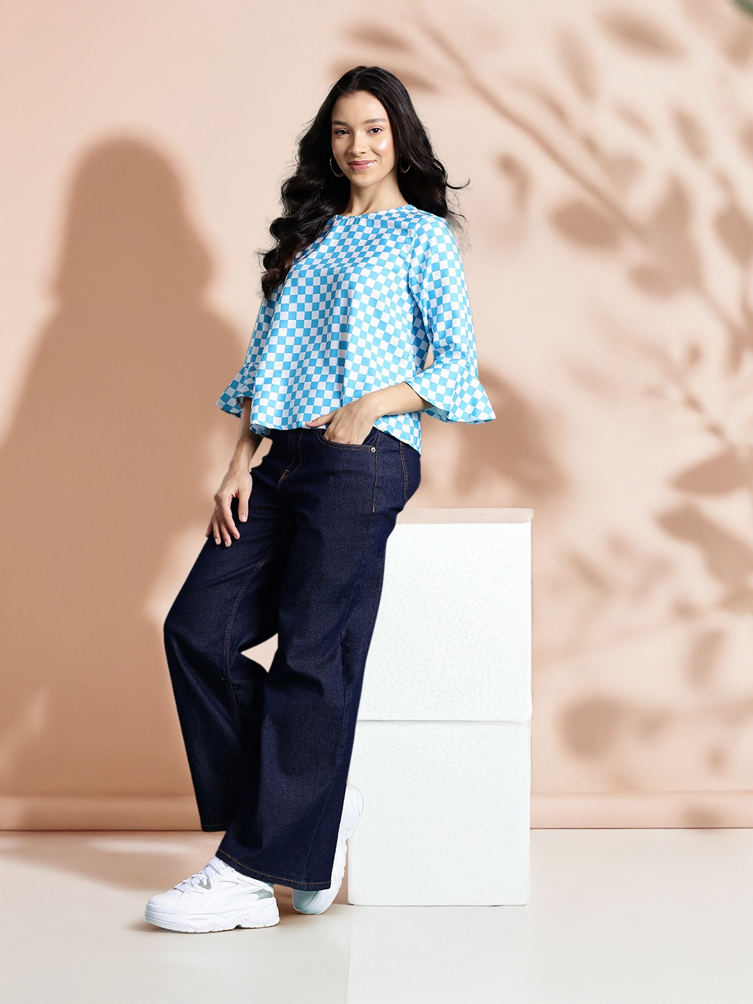 

DressBerry Bizwear Checked Bell Sleeves Back Tie-Up Top, Blue