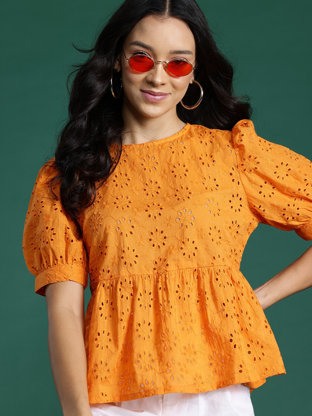 

DressBerry Puff Sleeve Pure Cotton Schiffli Top, Orange