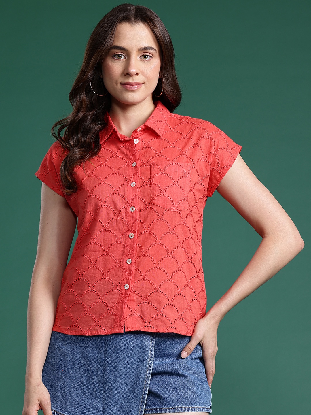 

DressBerry Women Schiffli Casual Shirt, Peach