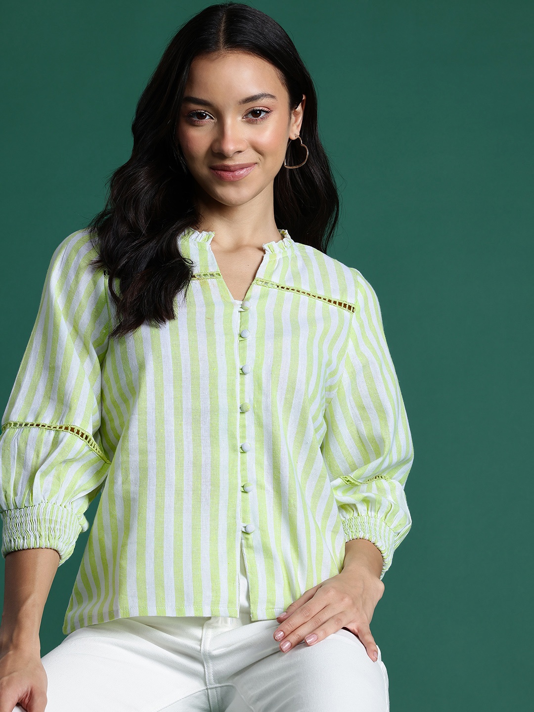 

DressBerry Striped Mandarin Collar Puff Sleeve Shirt Style Top, Lime green