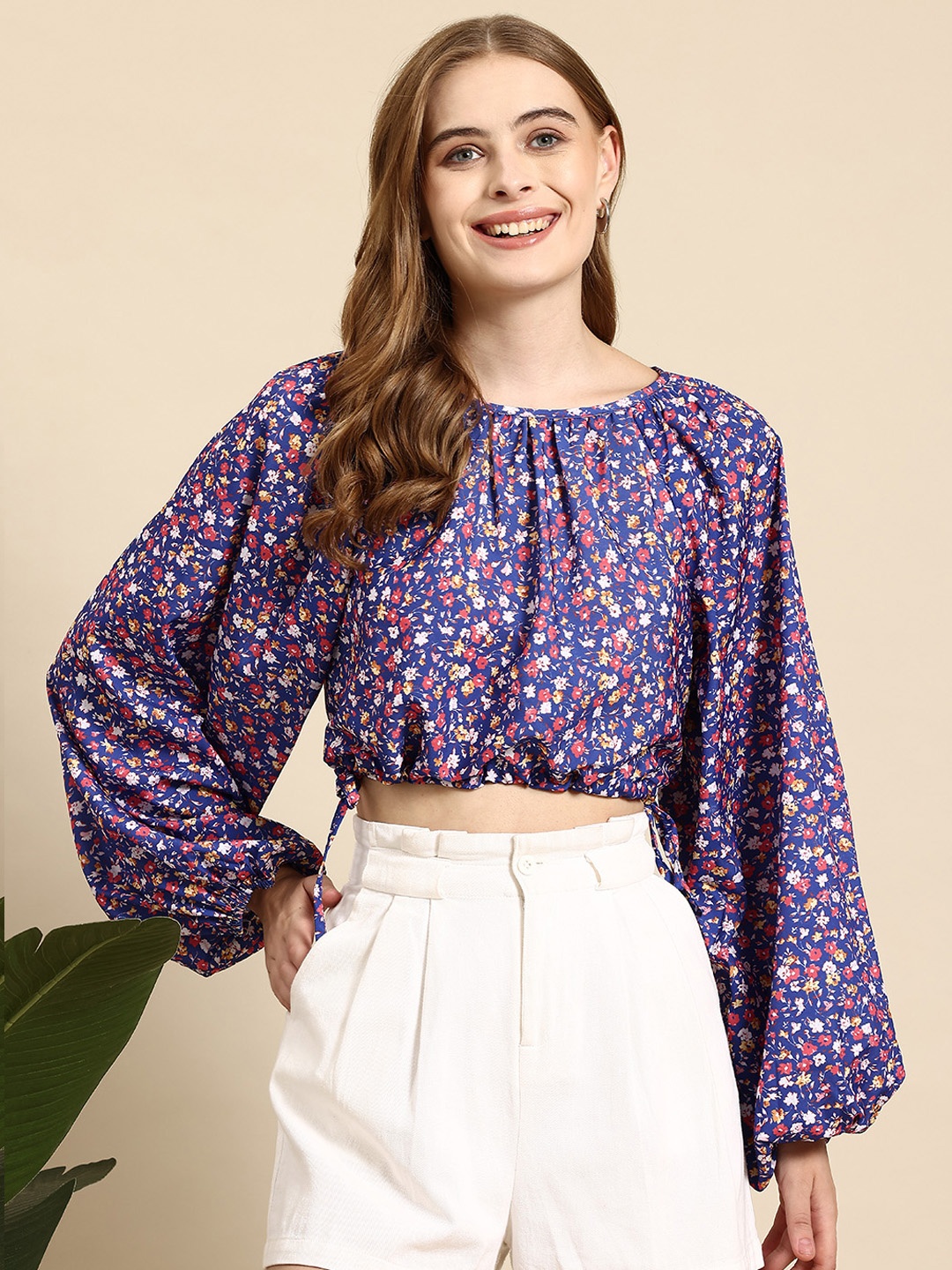 

Mast & Harbour Floral Print Blouson Crop Top, Blue