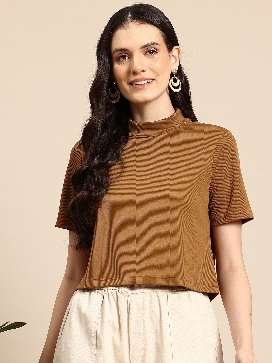 

Mast & Harbour Ribbed Drop-Shoulder Sleeves T-shirt, Brown