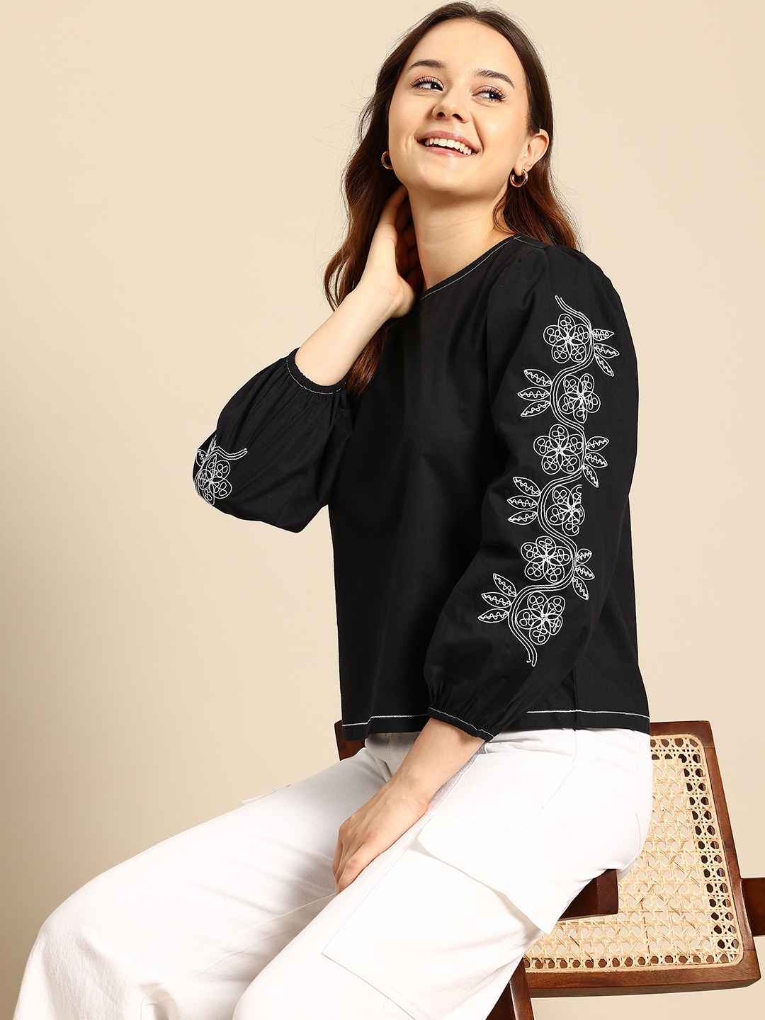 

Mast & Harbour Embroidered Pure Cotton Top, Black